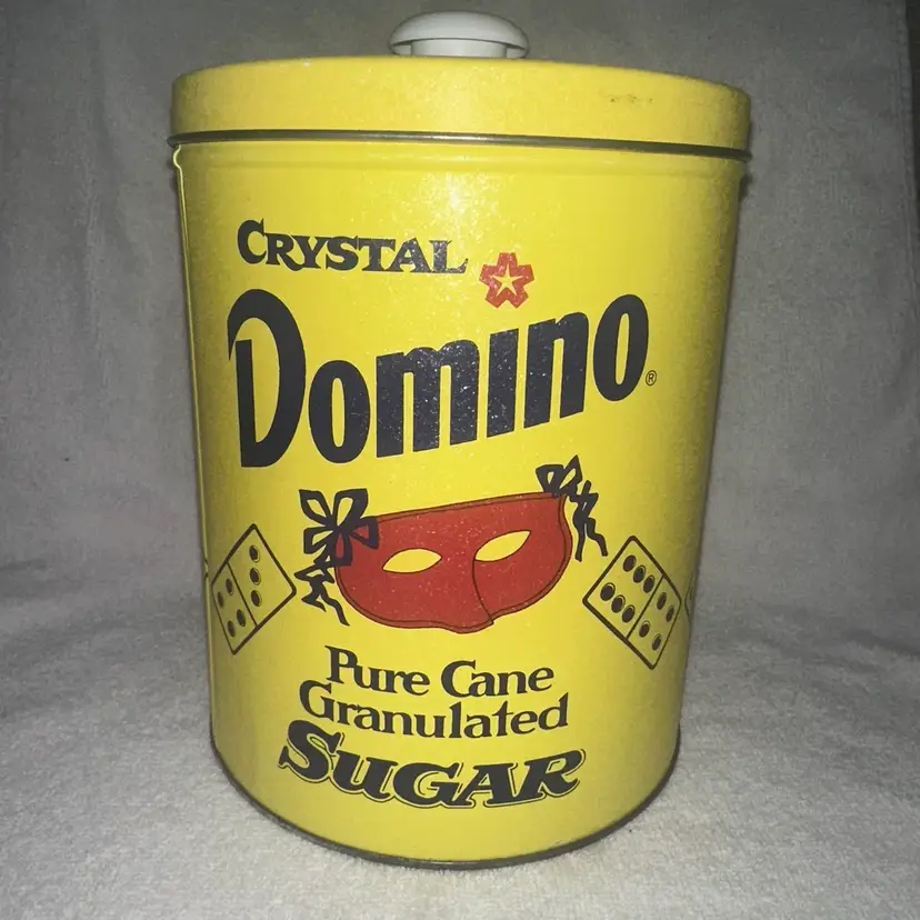 Vintage Crystal Domino Pure Cane Granulated Sugar Yellow Metal Tin Canister 8”
