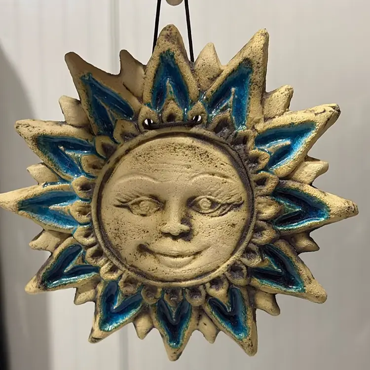 Anthropomorphic Sun Face Blue Glazed Pottery Wall Hanging Decor