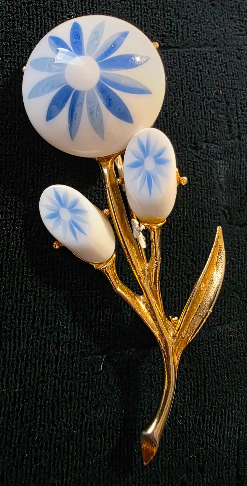 Gold Tone with Blue on Wite Ceramic Florals Brooch