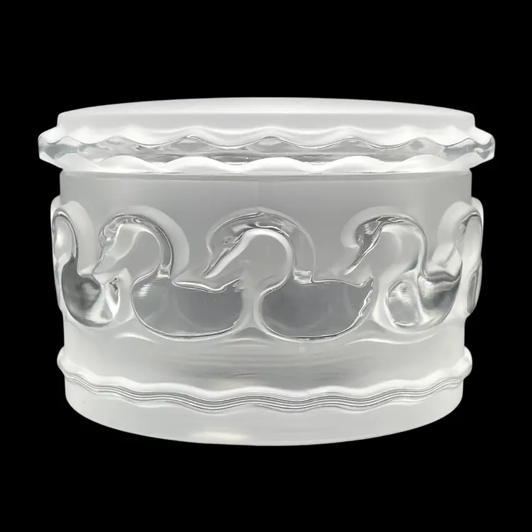 VTG Lalique France Frosted Crystal Canard Swan Circle Trinket Dresser Box Signed