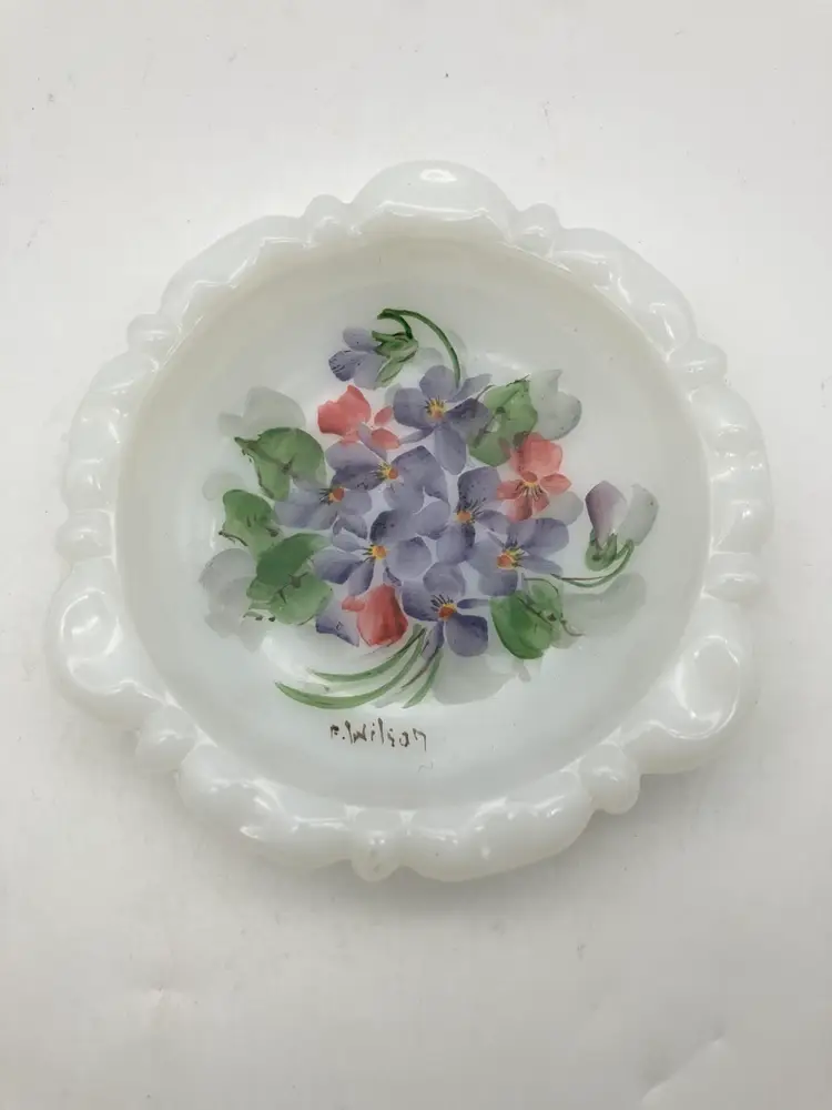 13 - Vintage Anchor Hocking Hand Painted And Signed Milk Glass Trinket Dish