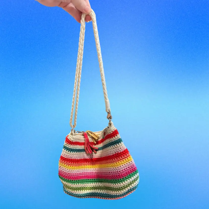 👜 The Sak Crochet Shoulder Bag – Multicolor Rainbow Stripes