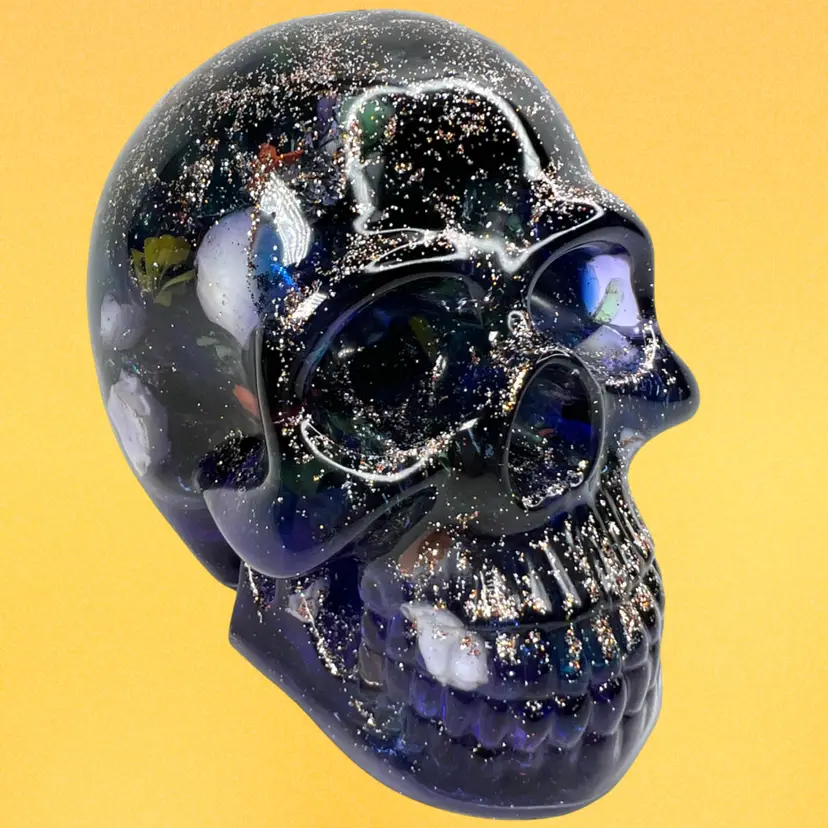 3-1/4” Recycled Broken Marbles
Purple Resin 3D skull. Multi-color Lighted Stand Included. Handmade By Me!