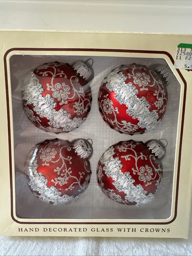Vintage Christmas by Krebs Glass Ornaments Set Of 4 Red Hand Decorated
