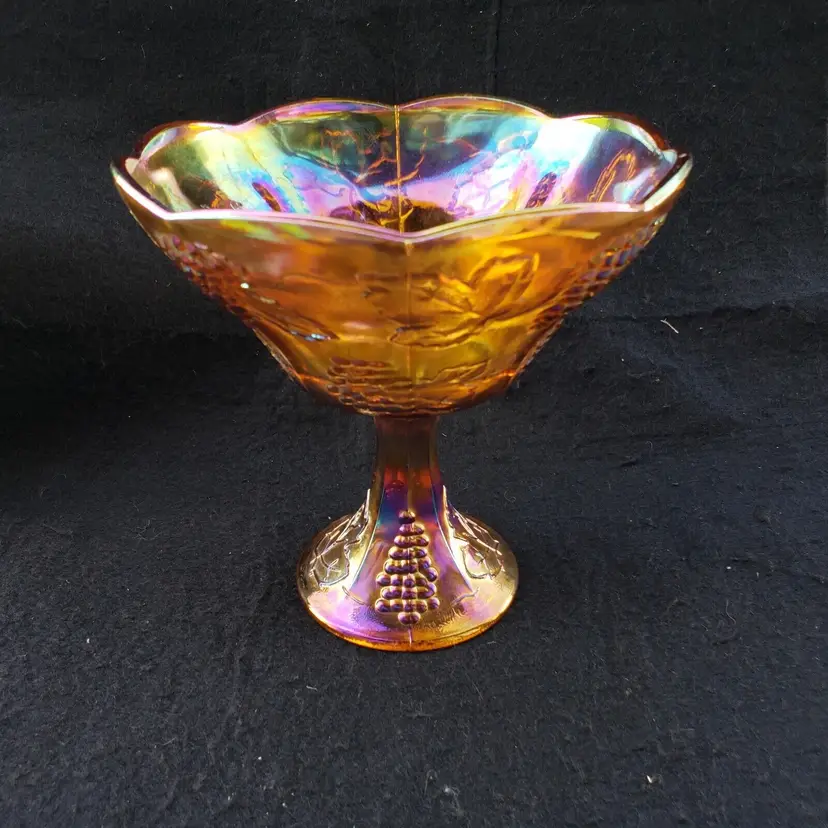 Carnival Glass Grape Indiana Amber Fruit Bowl with iridescence 8½" tall Vintage