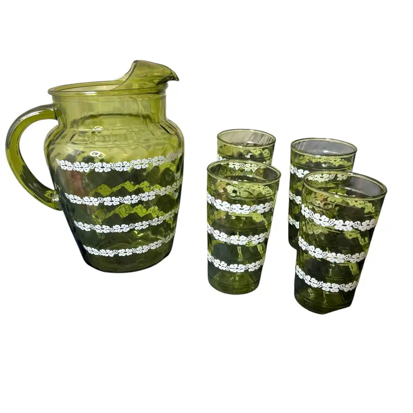 Vintage Avocado Green Daisy Floral Pitcher With 4 Tall Beverage Glasses MCM