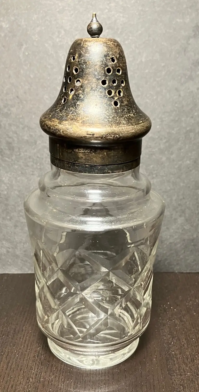 VTG Crystal Glass Sugar Shaker Muffineer With Silver Plated top Inscribed