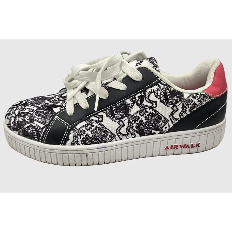 #01 - Vintage Airwalk Strong Women's Sneakers, Size 9, White and Black Print with Pink