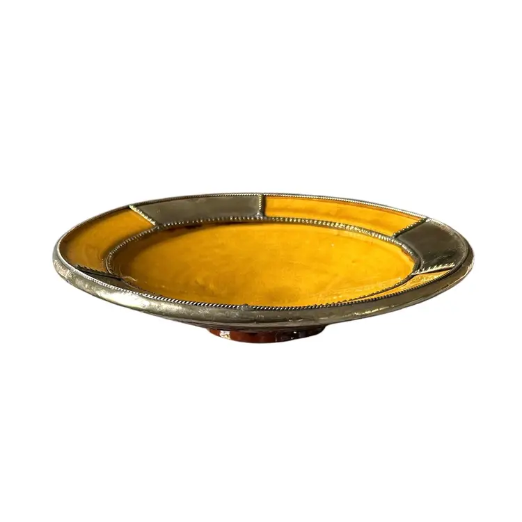 Large Yellow and Silver Metal Trimmed Moroccan Terracotta Footed Bowl