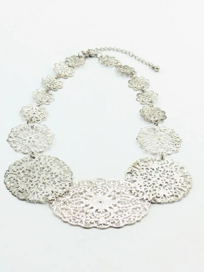 Silver Tone Filigree Medallion Statement Necklace
