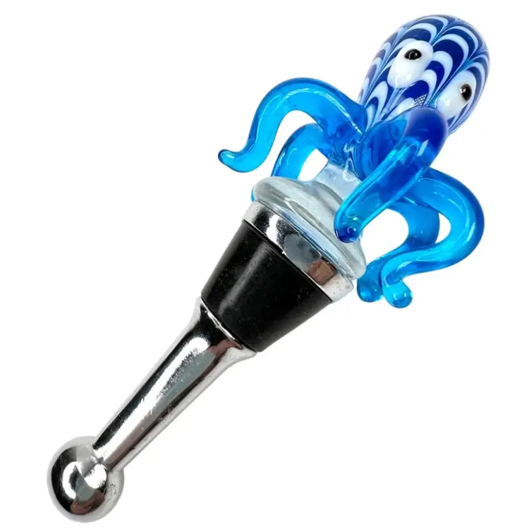 Ocean Blue & White Glass 5-Armed Octopus Squid 🐙 Wine Stopper. Fun Way To Liven Up A Bottle. 4-1/2” Length.