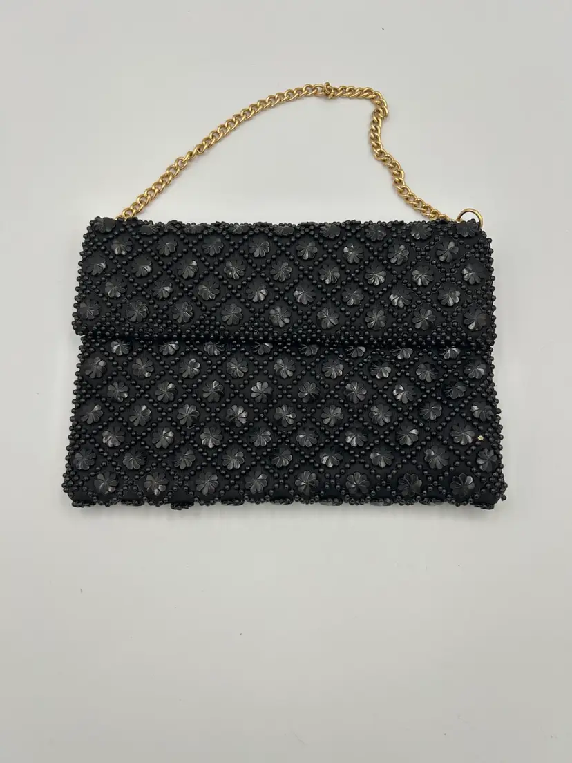 Vintage 1960-70 Black Beaded Shoulder Envelope Purse
