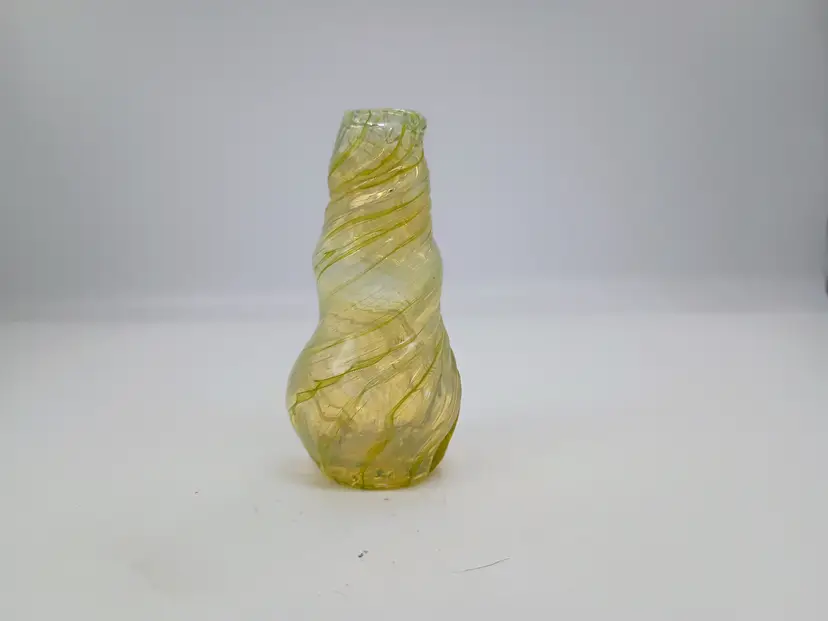 Hand Blown Art Glass Genie Bottle Shaped Bud Vase  in Greens, Yellows, Orange 3.75"