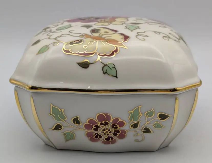 Vintage Zsolnay Hungary Hand Painted SIgned Trinket Box, Butterfly Florals