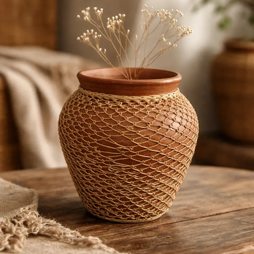 Terracotta Vase With A Natural Fiber Rope or Netting, 5.5" Tall