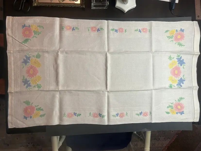 Vintage hand, embroidered cotton tablecloth with colorful floral border