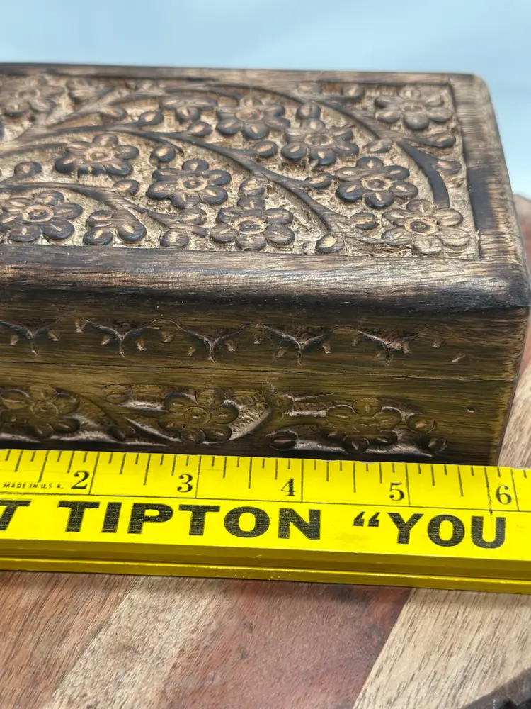 Vintage Wood Carved Boho Hinged Jewelry Trinket Secret Box