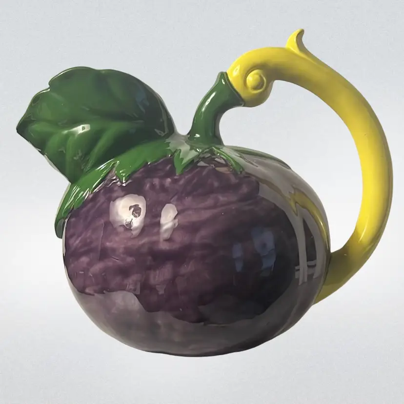 005c. Vintage Pottery Eggplant Color Hand Painted Pitcher