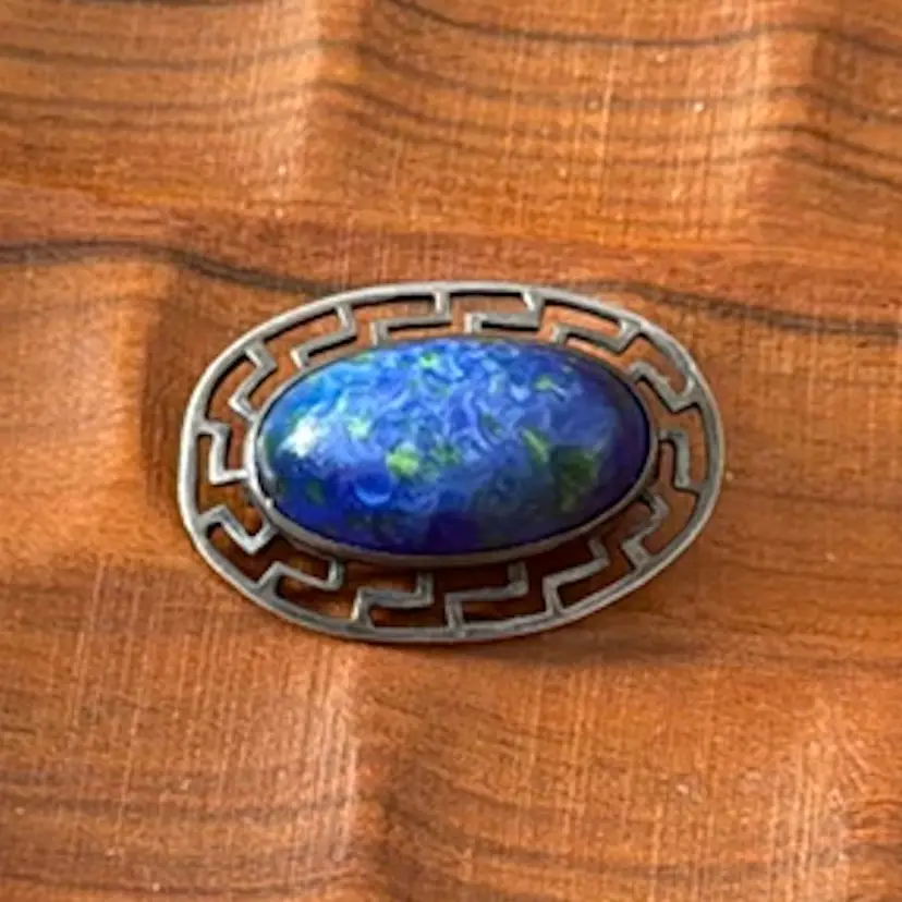 Antique Art Deco Sterling Silver Art Glass Cabochon Brooch 1.07”, 5.5g