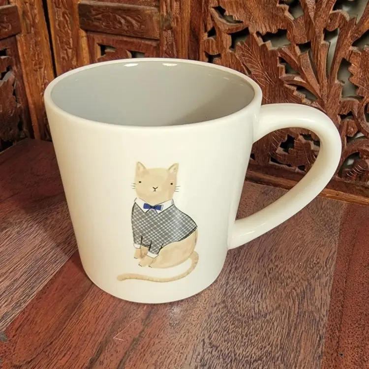 Early Rae Dunn M Magenta Label, Cat with Bowtie Large Mug