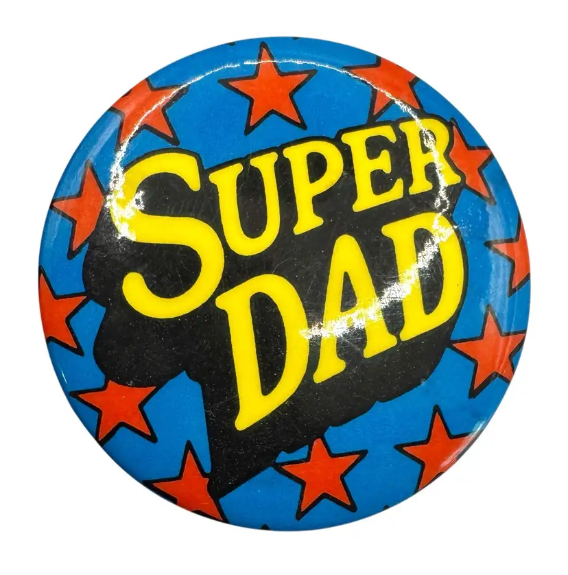 Vintage 1974 Hallmark Super Dad Pin Novelty Gift Pinback Button Blue Red Yellow