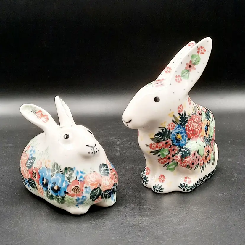 Polish Pottery Unikat Floral Bunny Rabbit Figurines Set of 2 M. Starzyk & T. Lianao