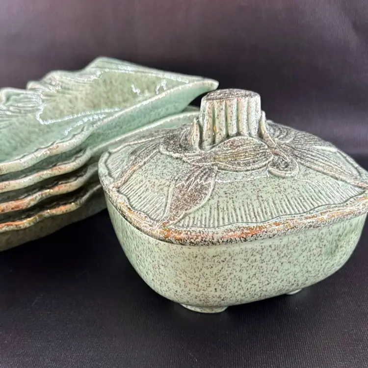 Calif Orig 590 Relish Tray Covered Dish Mint Green Gold California Pottery READ