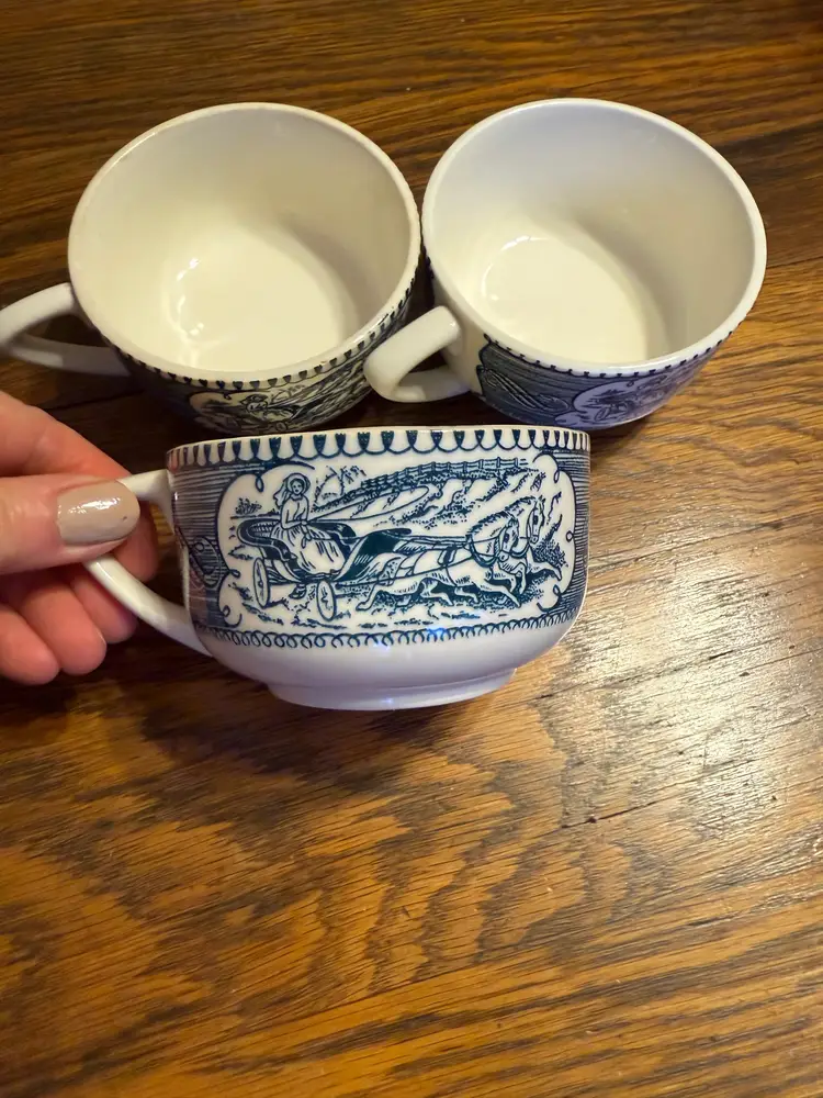 Vintage Blue Transferware Cups, Set of 3 • Likely Royal China Co. Sebring Ohio • 3.5” Tea Cups • Classical Scenic Pattern • Unmarked