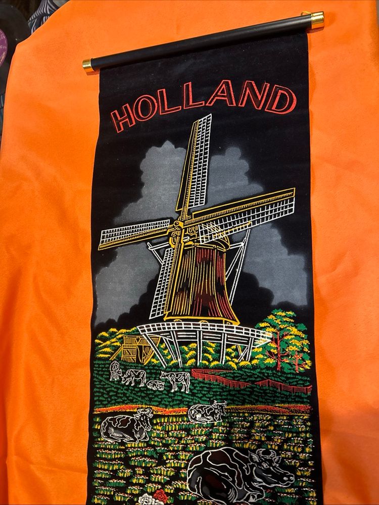 Black Velvet Wall Painting Holland Denmark VTG Hanging MCM 80s 32x12" Tulips