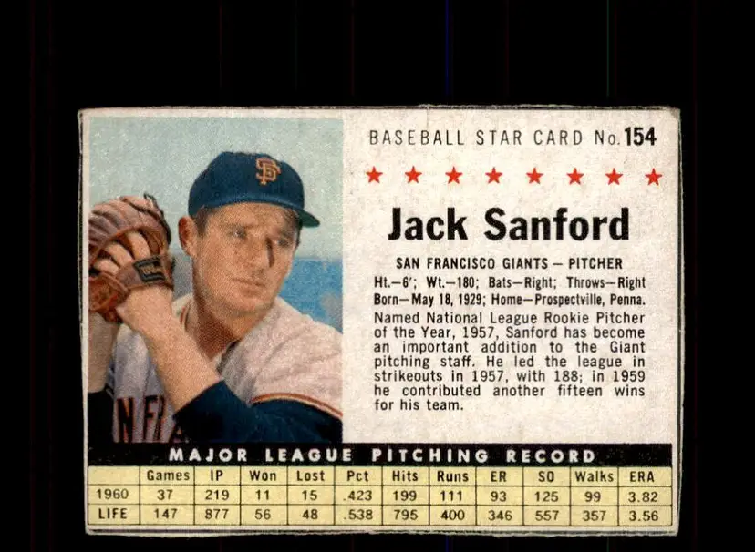 1961 Post Cereal (F278-33) #154 Jack Sanford - (pk3) - San Francisco Giants