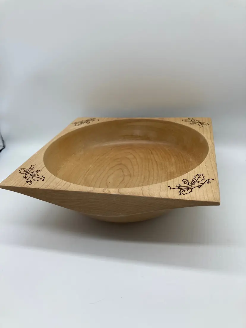 Don Hyson Carved Wooden Bowl with Holly Leaves, Signed