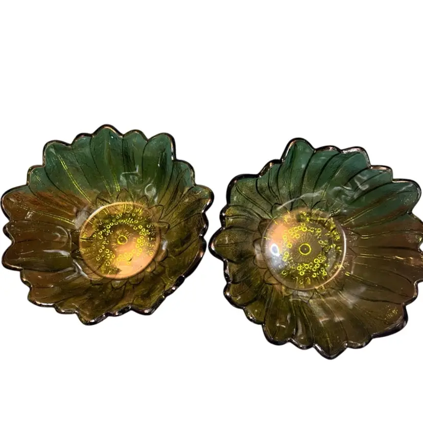 VTG Set Of 2 Indiana Depression Glass Bowl Green Sunflower Bowl ~ Candy Dish 7"