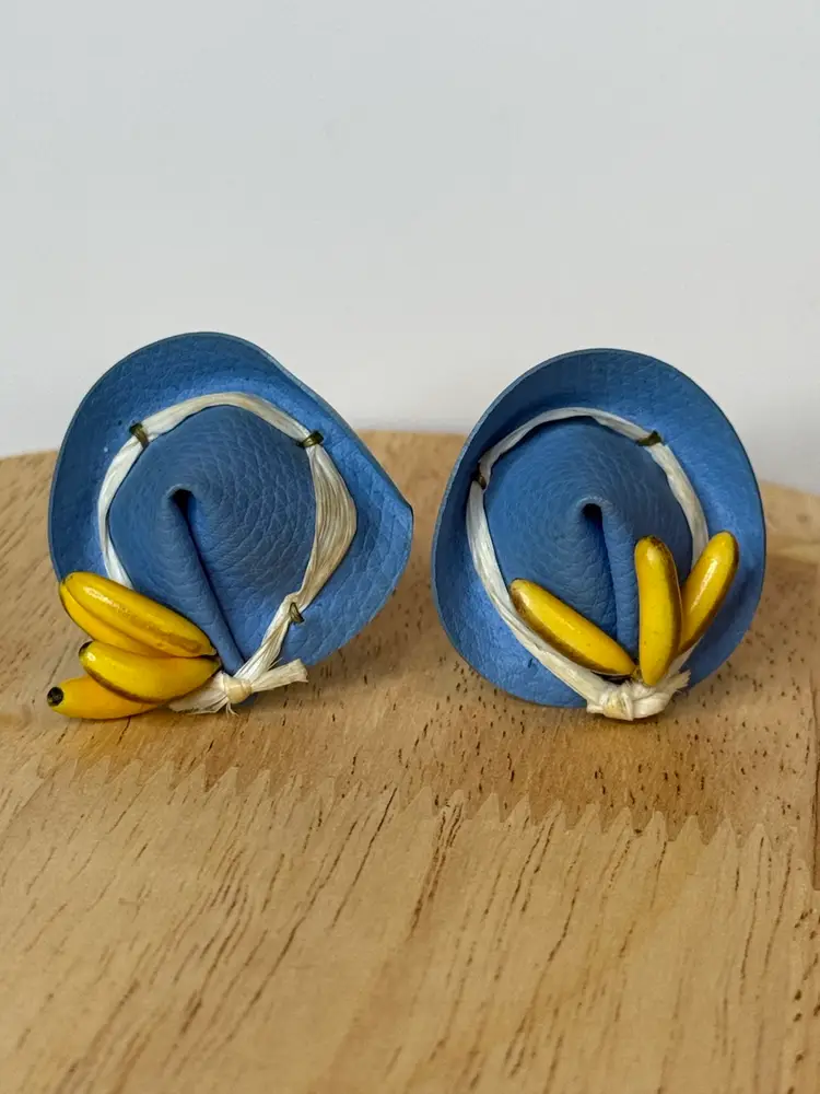 Vintage Western Germany Earrings Clip On Hat Bananas Fruit