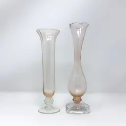 Pink Glass Bud Vase Pair, Vintage Mid-Century Footed and a Tall Trumpet  (0028-26)