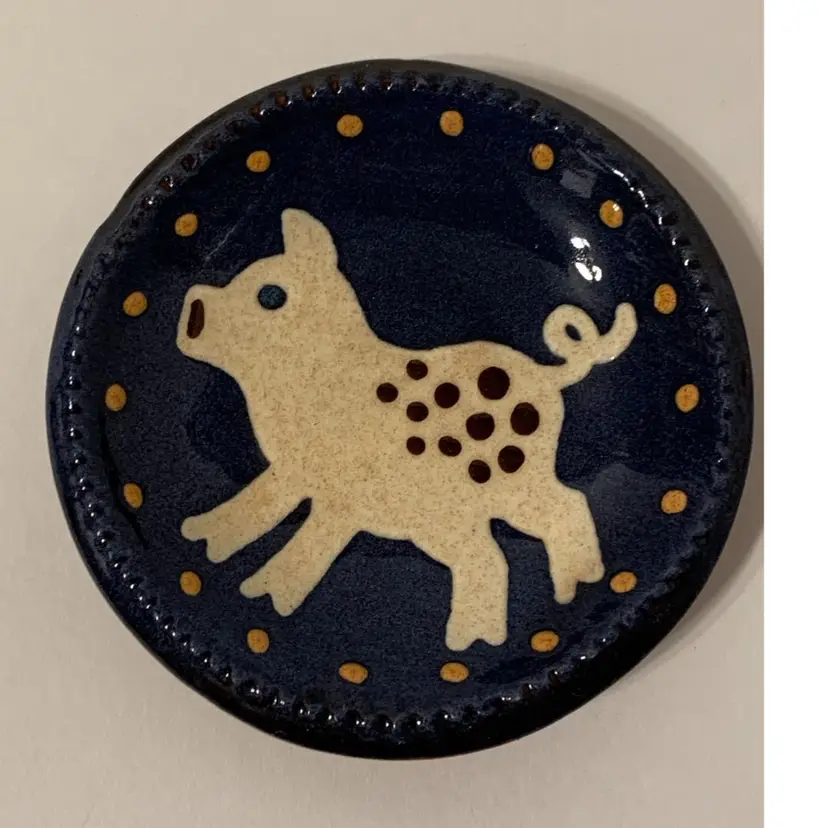 1985 Earthen Vessel Pottery Redware Folk Art 4.25” Pig Dish 