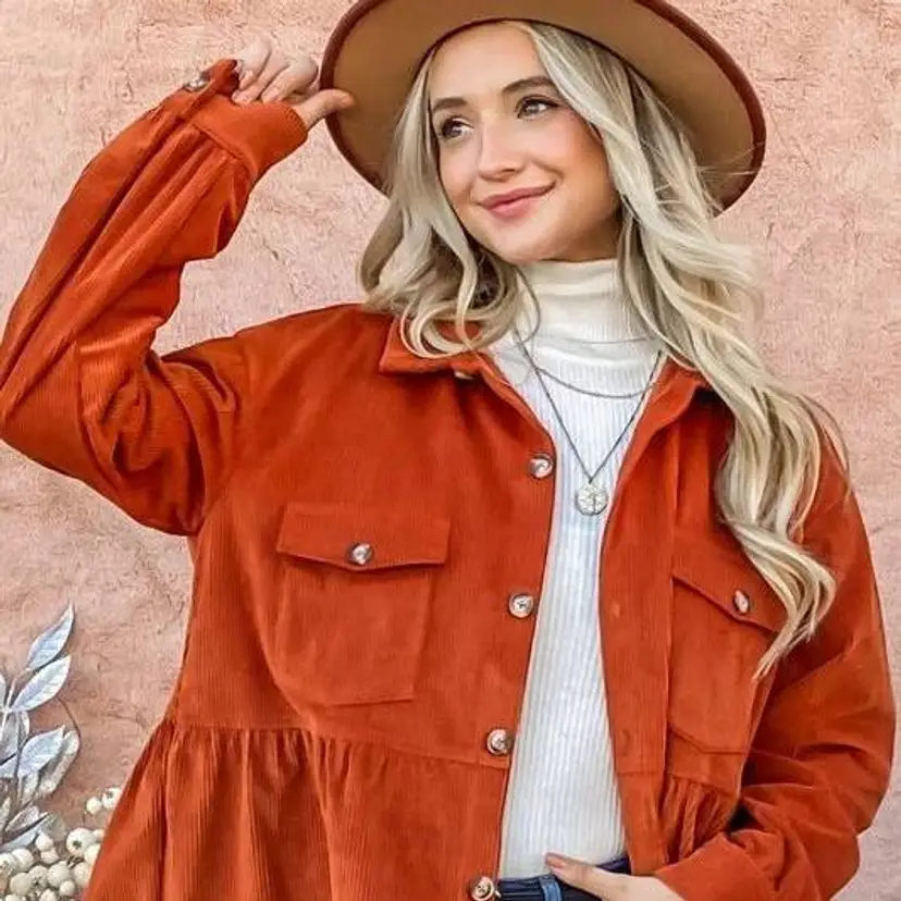 & THE WHY LADIES CORDUROY RUST COLORED BABY DOLL SHIRT JACKET BRAND