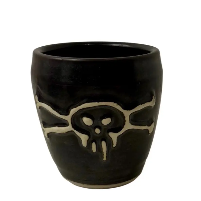 Handmade Pottery Cup Planter Skull & Cross Bones Signed by Artist
3-1/2” T x 3” W