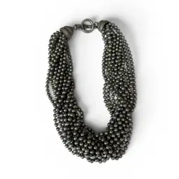 Chunky Silver Tone Beaded Hematite StyleTwisted Rope Necklace