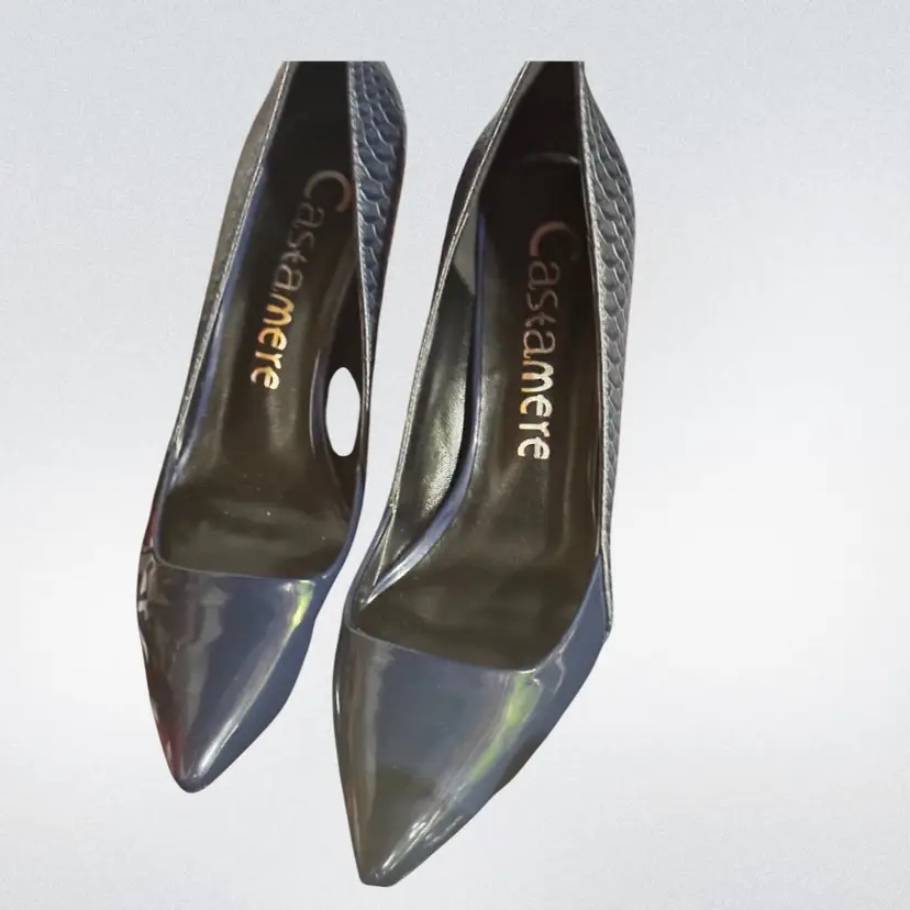 Navy Castamere Faux Snake Skin & Patent Leather High Heal Shoe - Size 10 — 4” Heel