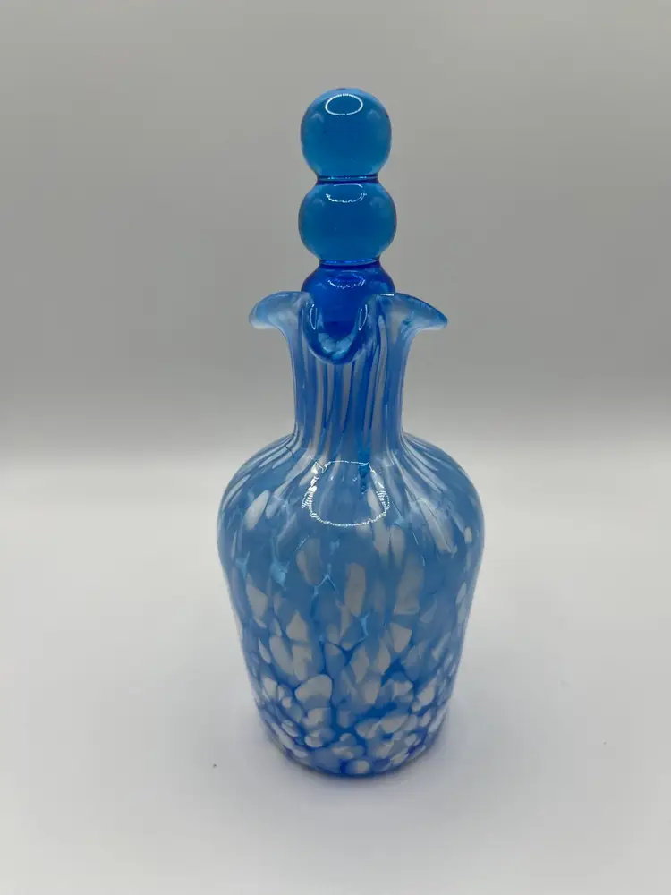 Hand Blown Art Glass Cruet Blue White Spatter Milk Spots With Stopper
