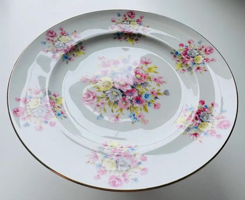 Vintage Porcelain Cake Stand With Floral Decor & Gold Trim Royal Bayreuth Made In Germany