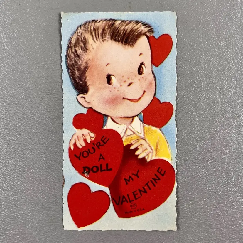 Vintage Valentine Greeting Card Boy Crew Cut Hearts You're A Doll 4.5" USA