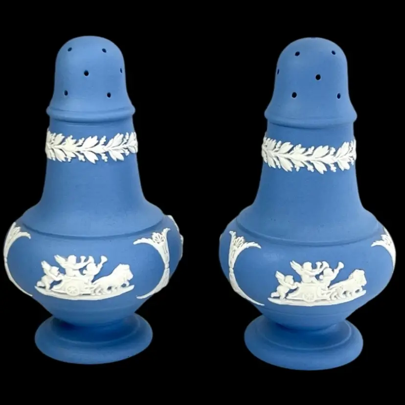 Wedgwood Jasperware Salt & Pepper Cherub Shakers. 1956 Made In England Stamped Bottom Original Stoppers- Look Never Used. Fantastic Condition!