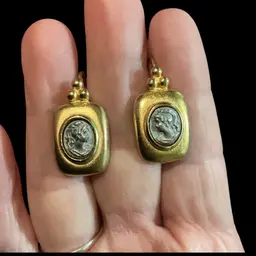 Vintage Goldtone Square Lever Back Pierced Earrings Goldtone With A Oval Shape Silvertone Victorian Woman Raised Figure. Not Signed.