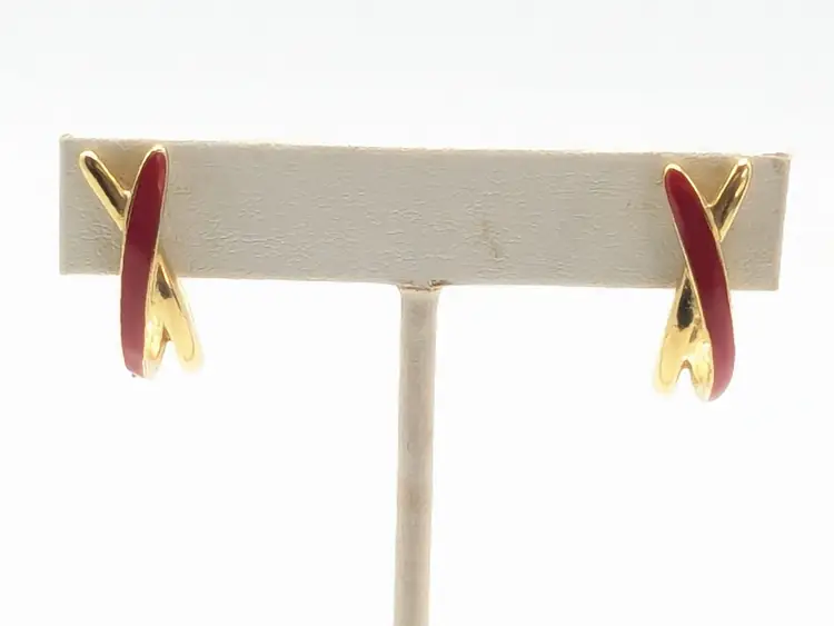 Vintage Trifari Gold Tone Red Enamel Earrings
