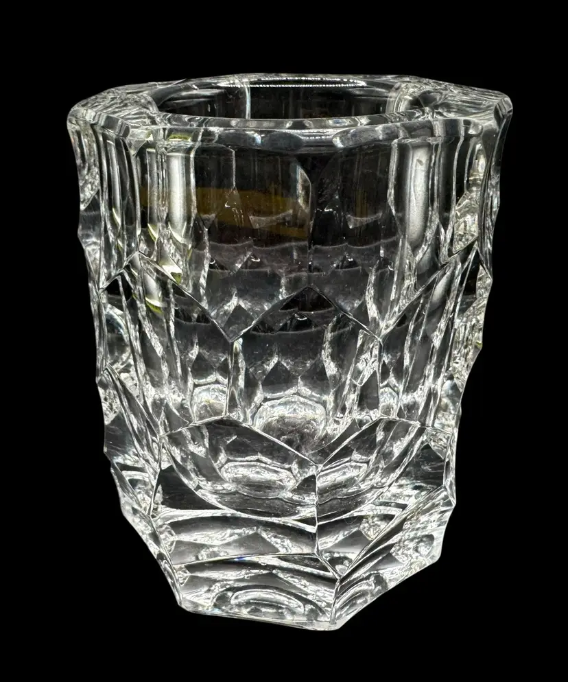 Crystal Glass Vase Votive Candle Holder Thick Faceted Cut Tortoise Ice 4.25”