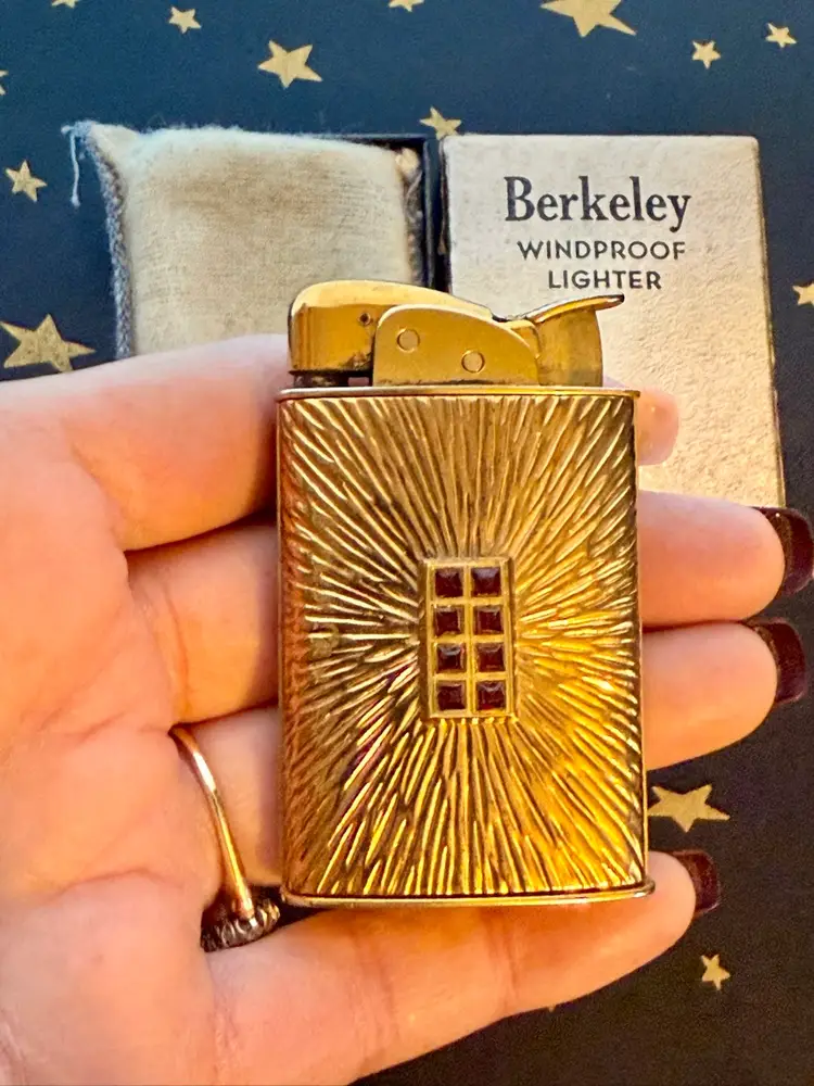 Vintage 1950’s Berkeley Gold-Plated Red Rhinestone Windproof Lighter w/ Original Box & Bag, Works