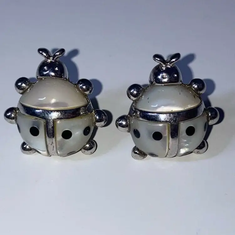 Sterling Silver Ladybug Earrings! Mother-of-Pearl Inlay With Black Spots 🐞🐞🐞 Stamped 925 And Tested! Backs Have Been Replaced And Don’t Match.