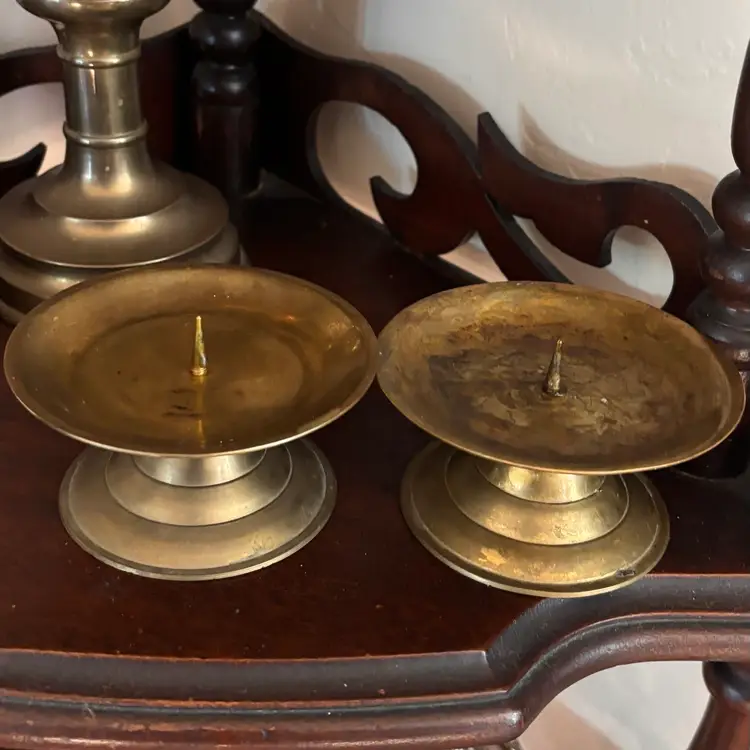 Vintage Short Solid Brass Pillar Candlestick Pair