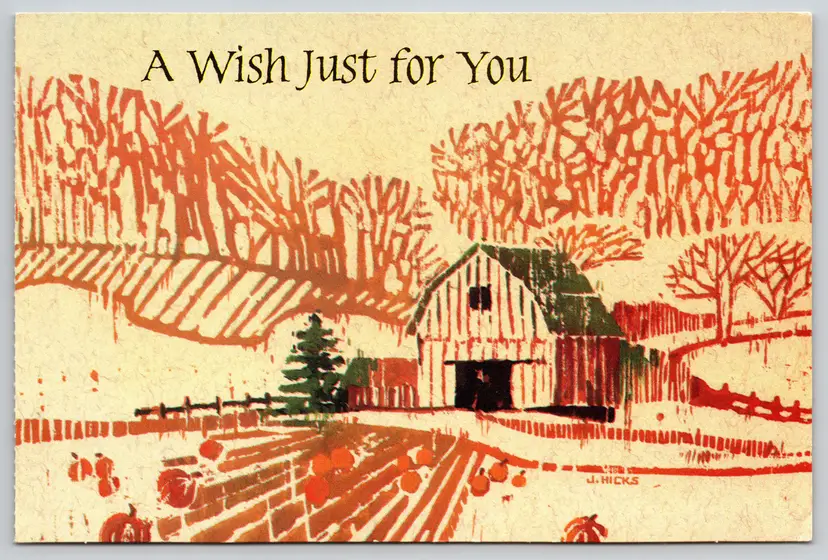 Postcard Happy Thanksgiving Wishes Autumn Farm Scene American Greeting - 14578